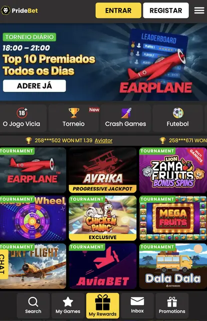 Captura de ecrã do lobby móvel da PrideBet: banner do torneio diário Earplane, categorias e grelha de jogos em torneio