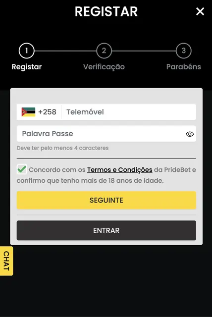 Captura de ecrã do registo na PrideBet: passo 1 de 3, campos para telemóvel +258 e palavra-passe, confirmação de 18 anos e botão Seguinte