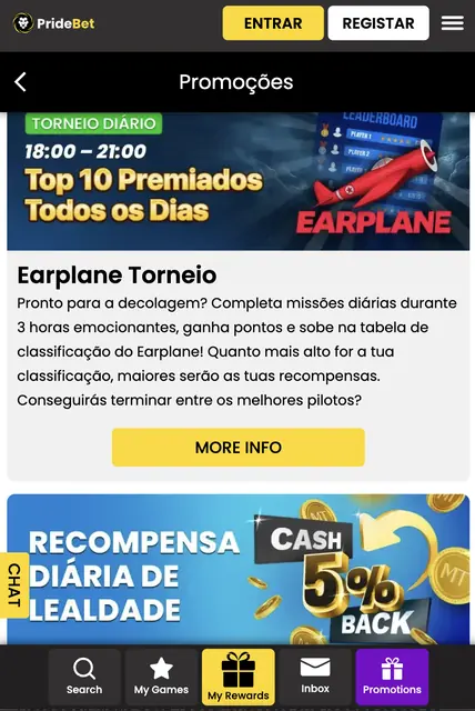 Captura de ecrã das promoções da PrideBet: Earplane Torneio diário das 18:00 às 21:00 e recompensa diária de lealdade de 5% cash back