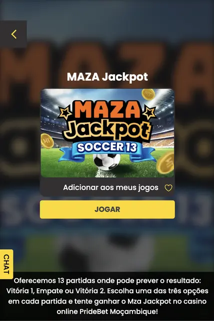 Captura de ecrã do MAZA Jackpot Soccer 13 na PrideBet: 13 partidas onde pode prever o resultado — Vitória 1, Empate ou Vitória 2